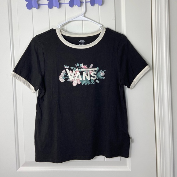 NWOT VANS women’s junior’s black white floral cropped‎ casual tshirt top large - Picture 1 of 7